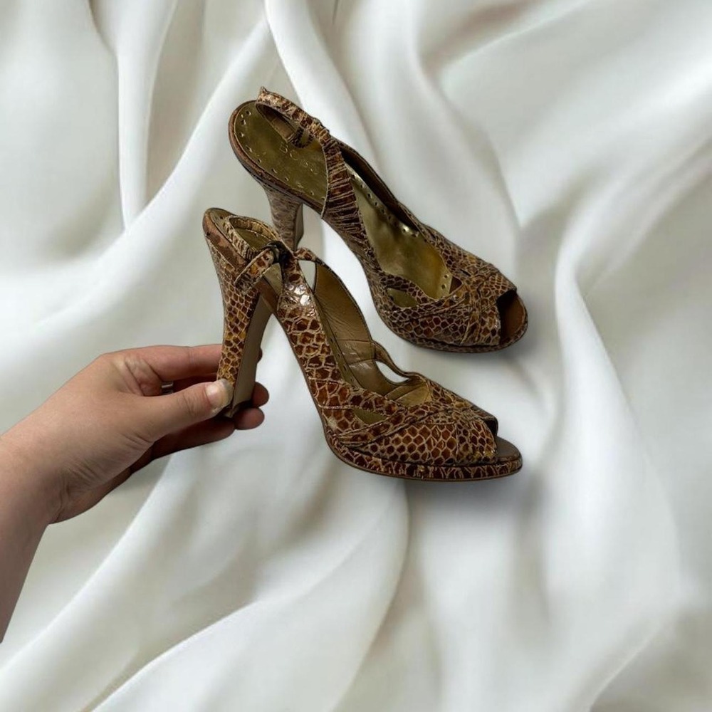 BCBGirls brown snakeskin print peep-toe slingback heels y2k mcbling fairy boho